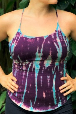 Front view of Amethyst tie dye Lace Up Tank shows spaghetti straps and rounded bottom on this style perfect for yoga, festivals, summer, etc.