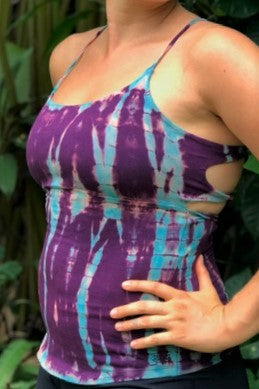 Side view of Amethyst tie dye Lace Up tank is purple with blue streaks.
