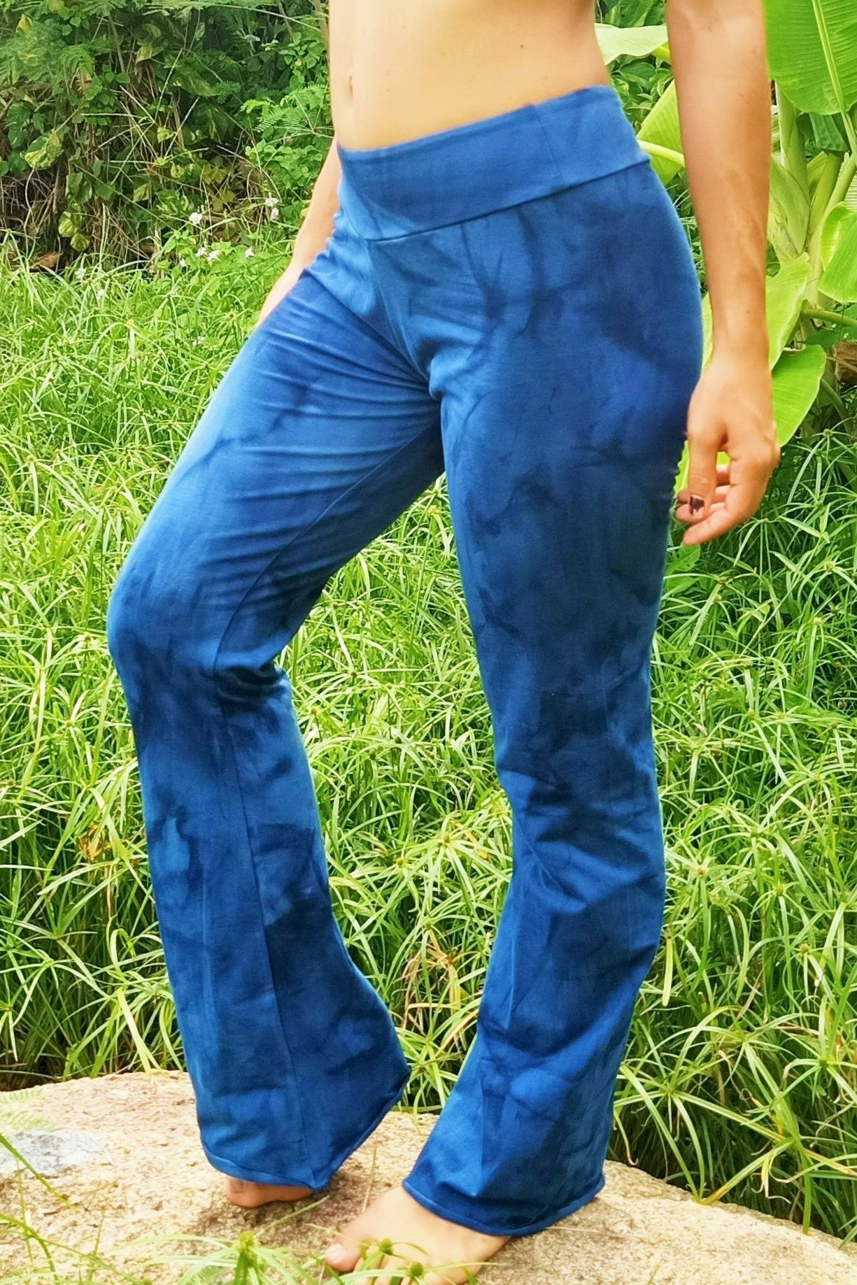 Front view of organic cotton flared leg Yoga Pants in Blue Dream tie dye with flat top waist band.