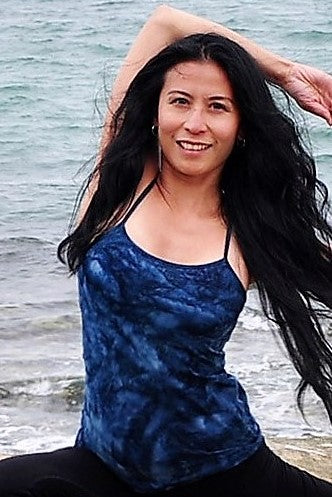 Blue Dream Tie Dye Shanti Tank Top by Lotus Tribe Clothing with built in bra and stunning back strap design. Cute enough for everyday wear, but functional enough for yoga class or the gym. Super soft, high quality, 90% cotton knit with 10% spandex for just enough stretch.