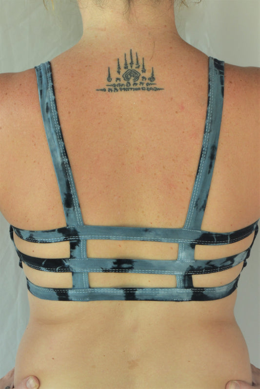 Steele blue with black tie dye sportsbra with three horizontal straps across the back. So comfortable with lighter support. Super soft 90% cotton 10% spandex