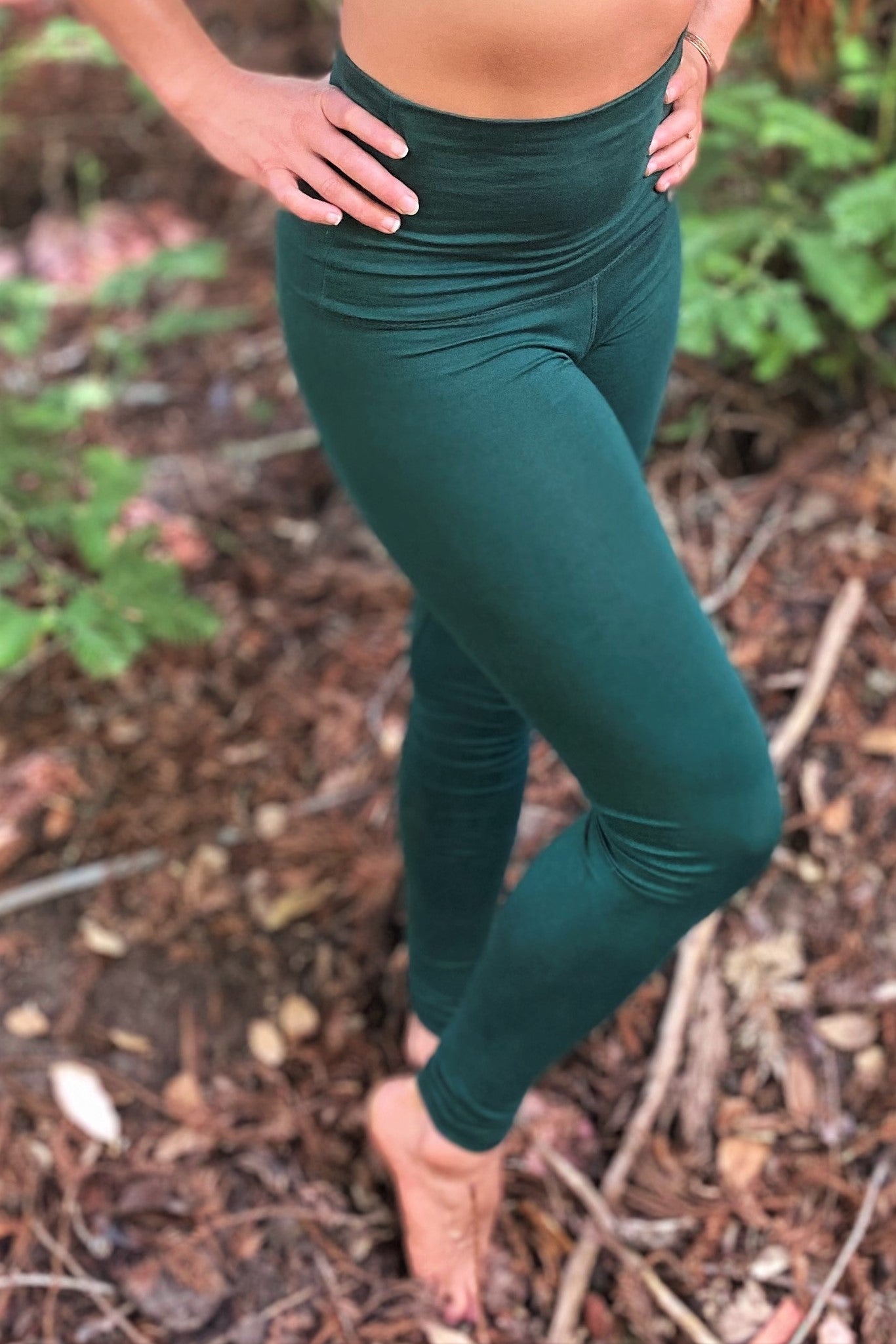Long length Yoga Pants in solid Forest green color made of 90% cotton with 10% spandex.
