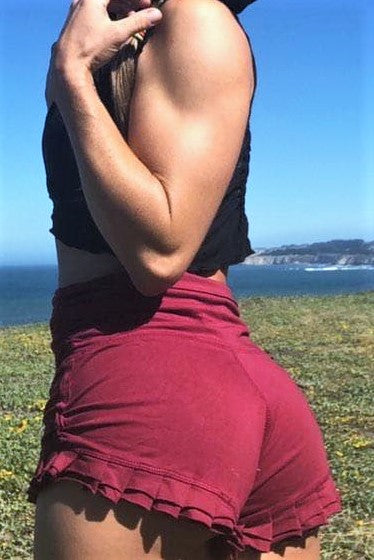 Super cute Garnet Ruffle Shorts with high waist and ruffles around the legs.