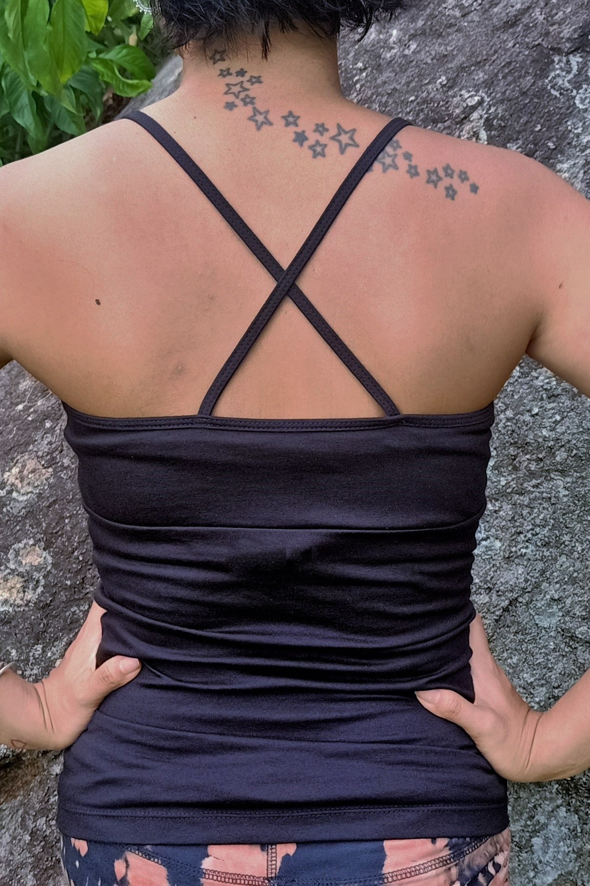 Back view of Onyx Ananda Tank showing X shape of back straps. Built in bra makes this easy to wear for yoga, exercise or everyday life.