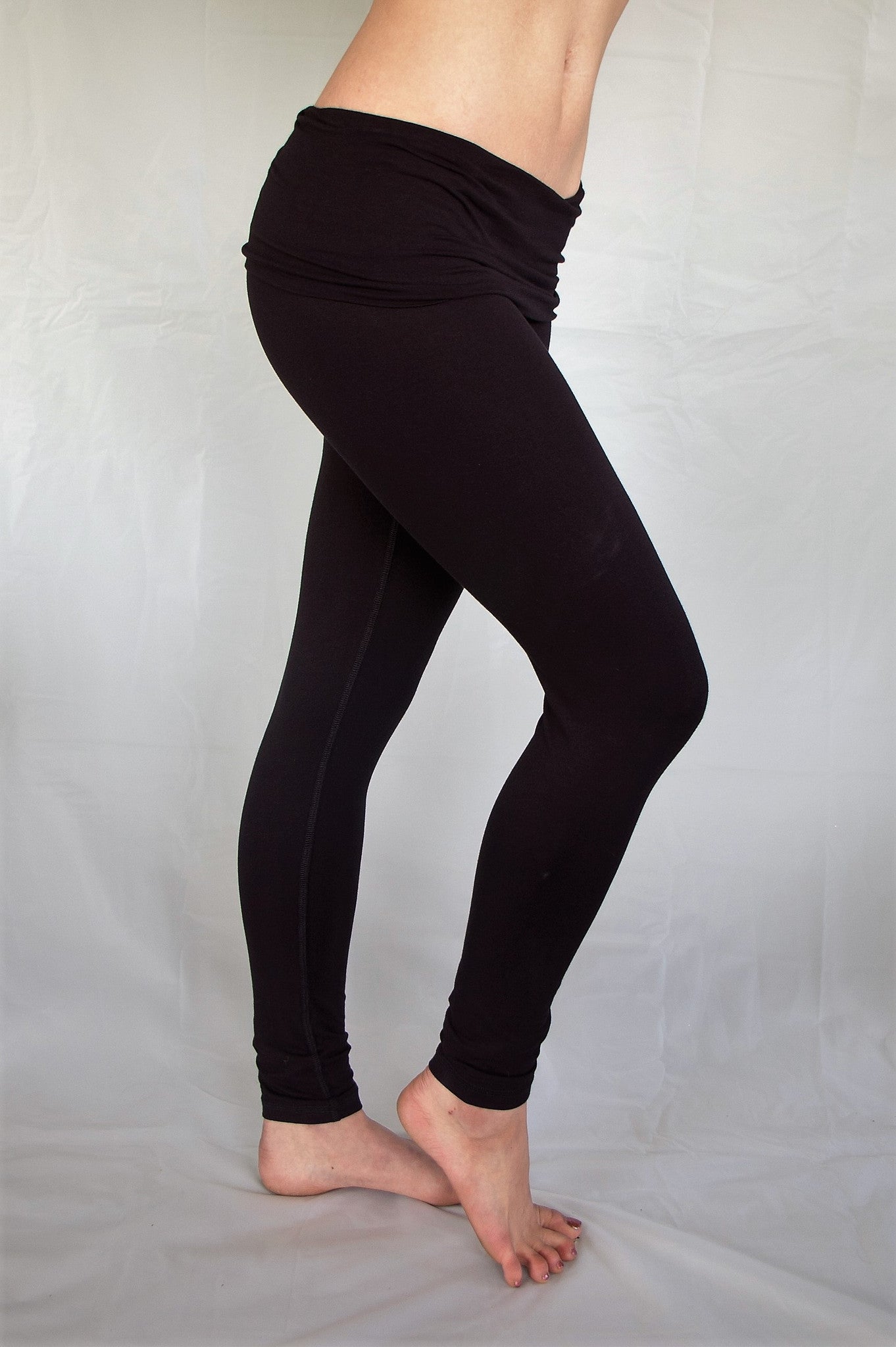 Black long length with fold over waist for comfort and adjustable fit.  High quality 90% cotton 10% spandex yoga pants available in S,M,L