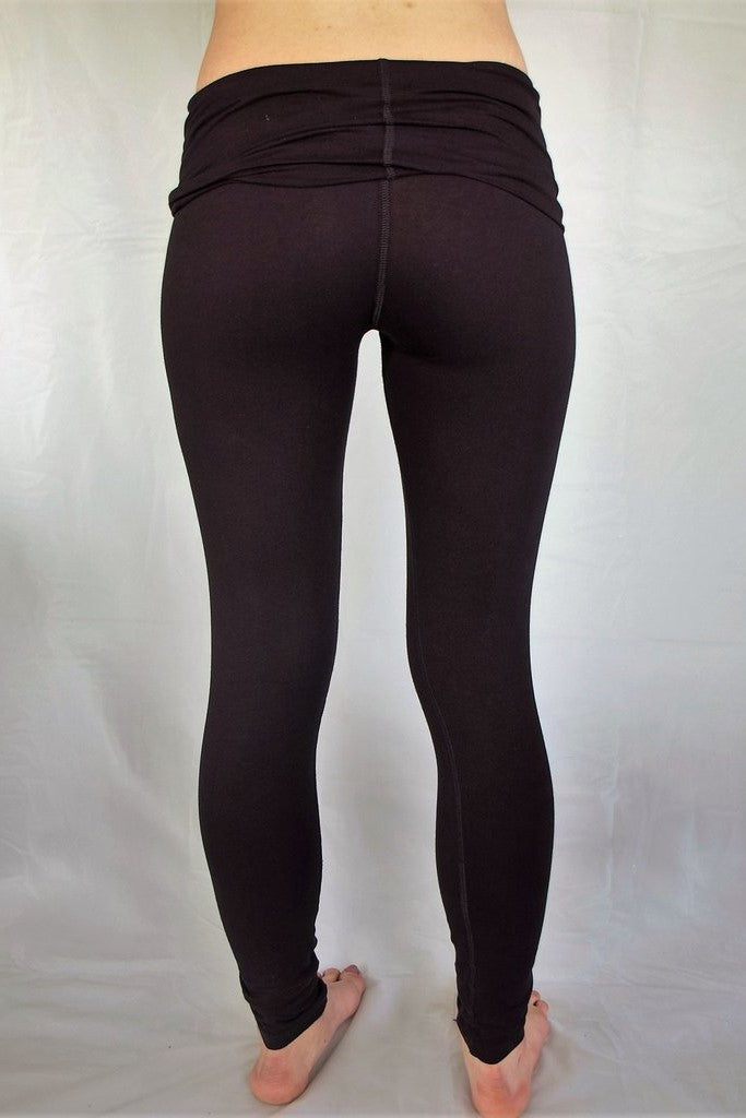 Black long length with fold over waist for comfort and adjustable fit.  High quality 90% cotton 10% spandex yoga pants available in S,M,L