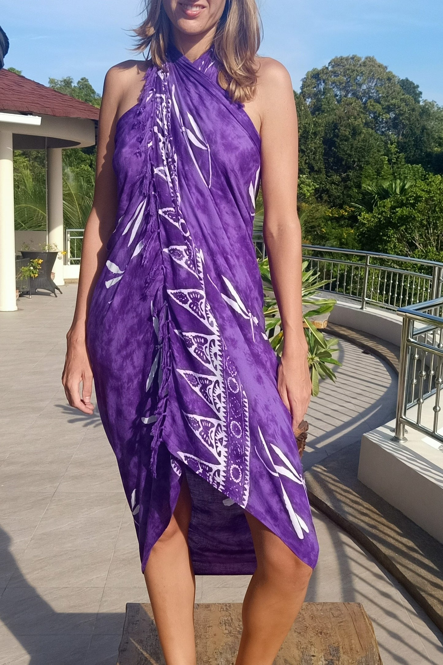 Purple sarong wrap around dress, overlapping at chest, tied behind neck. Silky rayon fabric.