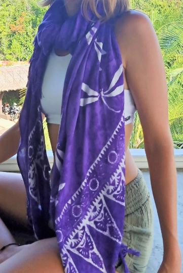 Purple scarf sarong with white dragonfly pattern. 100% rayon ethically hand made art.