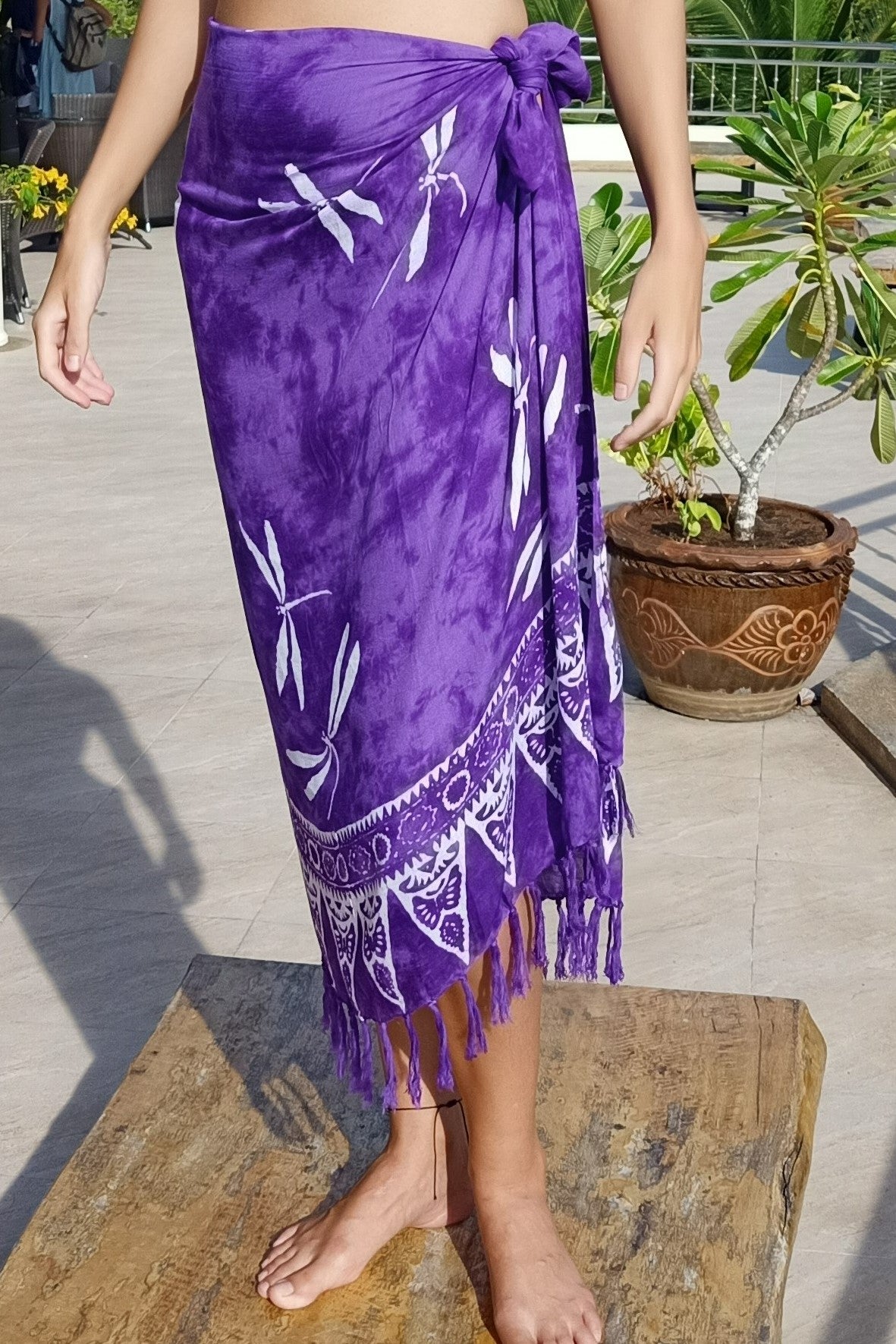 Purple wrap skirt with white draongfly pattern. 100% rayon sarong with white dragonfly batik pattern.
