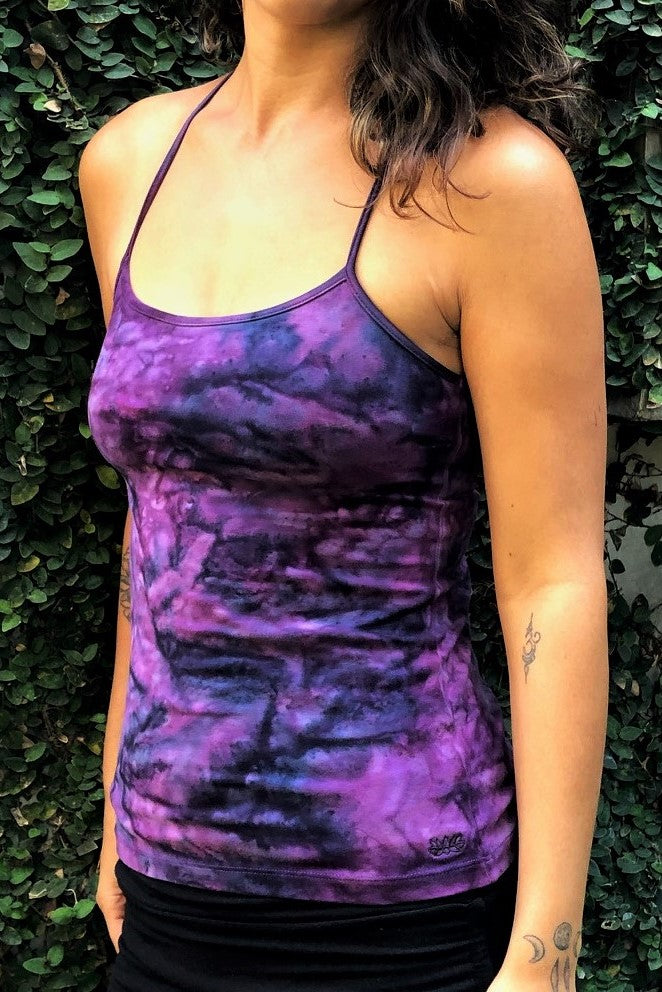 Front view of Purple Haze Tie Dye Shanti Tank Top by Lotus Tribe Clothing with built in bra and spahetti strap in front, stunning back straps design not shown in this image.