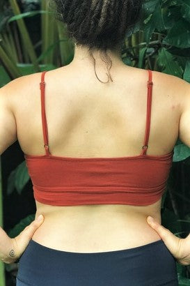 Back view of Rust Bliss Bralette with adjustable spaghetti straps.