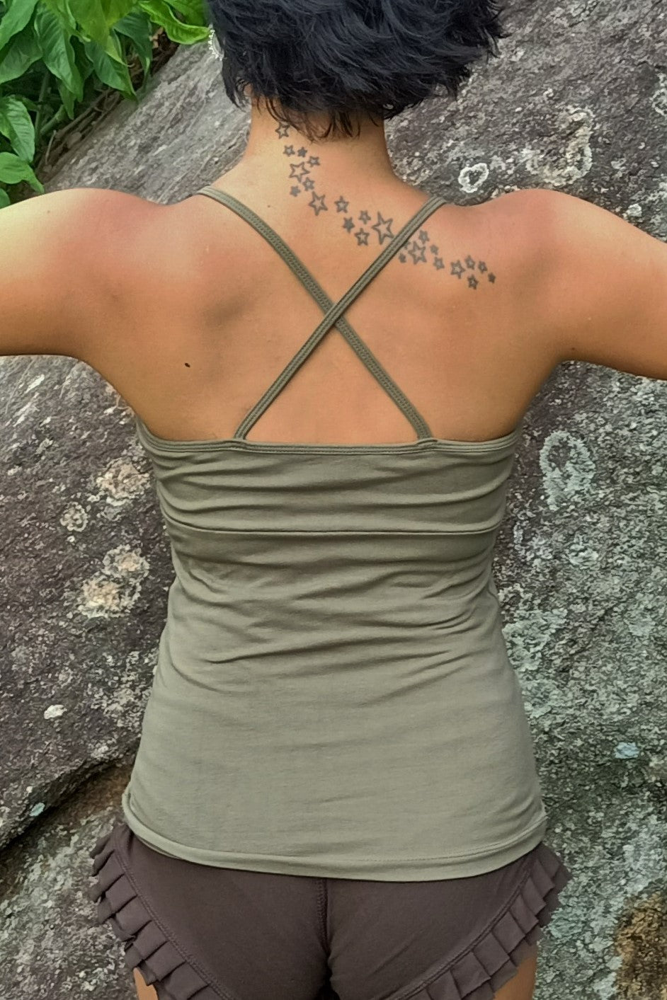 Sage green Tank Top with spaghetti straps criss cross on your back to make an X shape. With Built In Bra.