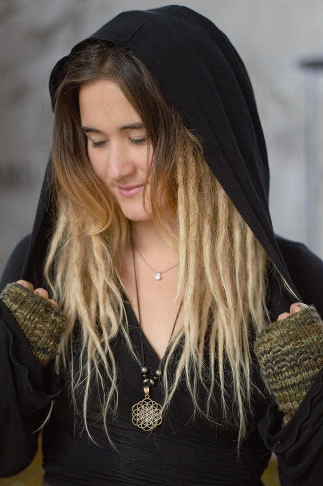 Soft and silky black Onyx hoody Ninja Wrap top on girl blond dreads. Can be worn as shirt or cover up.