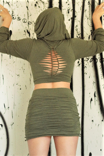 Stretchy, flattering & comfortable Sage green mini skirt with ruffled scrunchy look. Form fits to any body shape, great for the curvy girls! 90% cotton 10% spandex. Shown here with matching Ninja Jacket in Sage.