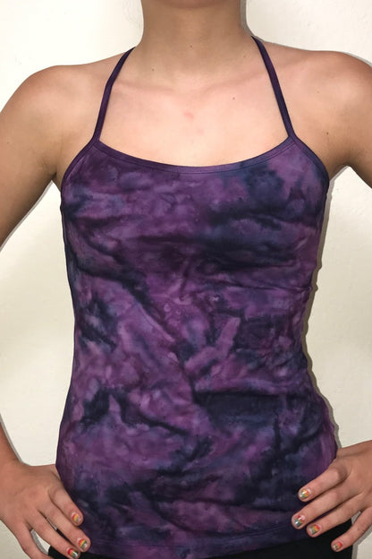 Front view of Purple Haze Tie Dye Shanti Tank Top by Lotus Tribe Clothing with built in bra and spahetti strap in front, stunning back straps design not shown in this image.