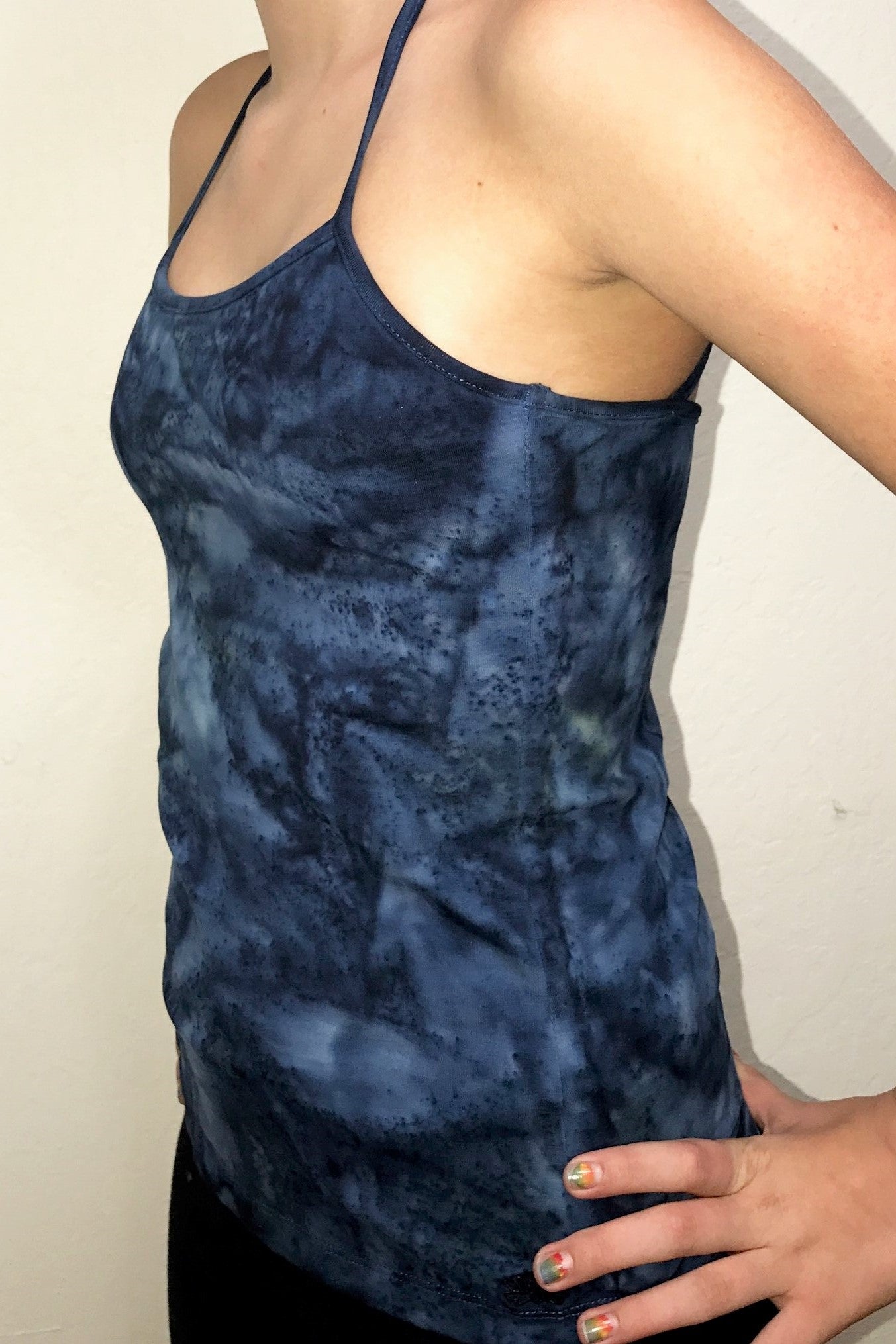 Ocean Blue Tie Dye Shanti Tank Top by Lotus Tribe Clothing with built in bra and stunning back strap design. Cute enough for everyday wear, but functional enough for yoga class or the gym. Super soft, high quality, 90% cotton knit with 10% spandex for just enough stretch. 