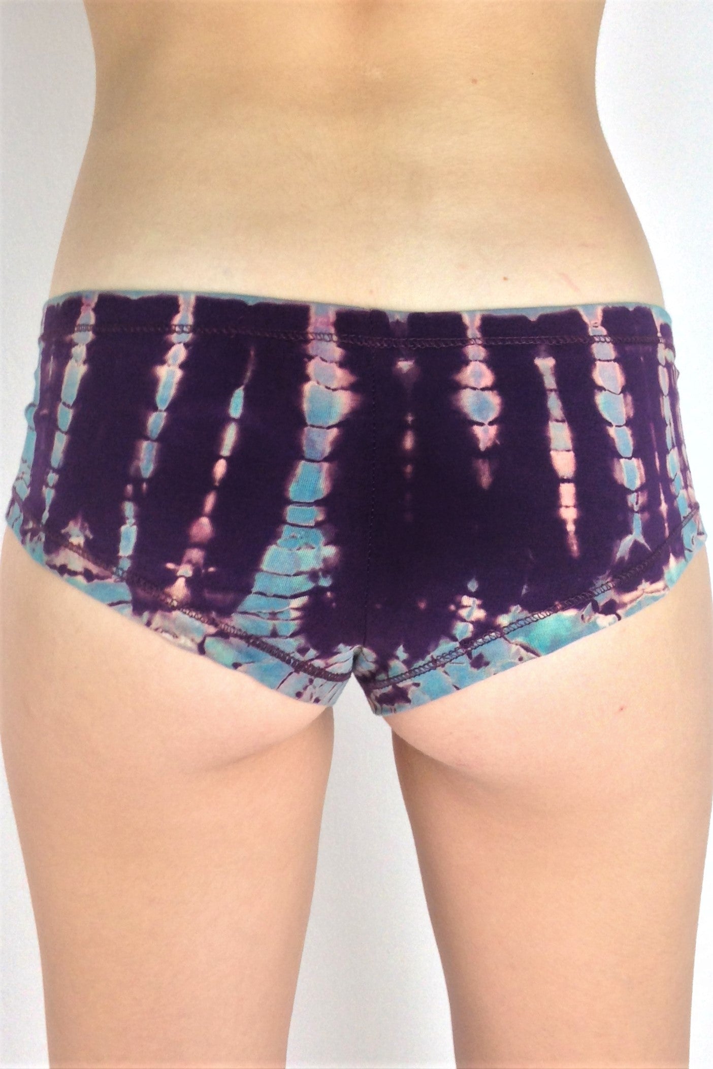 Back view of Amethyst Tie Dye Cheeky Undies. Purple tie dye with blue highlights. Super soft 90% cotton 10% spandex