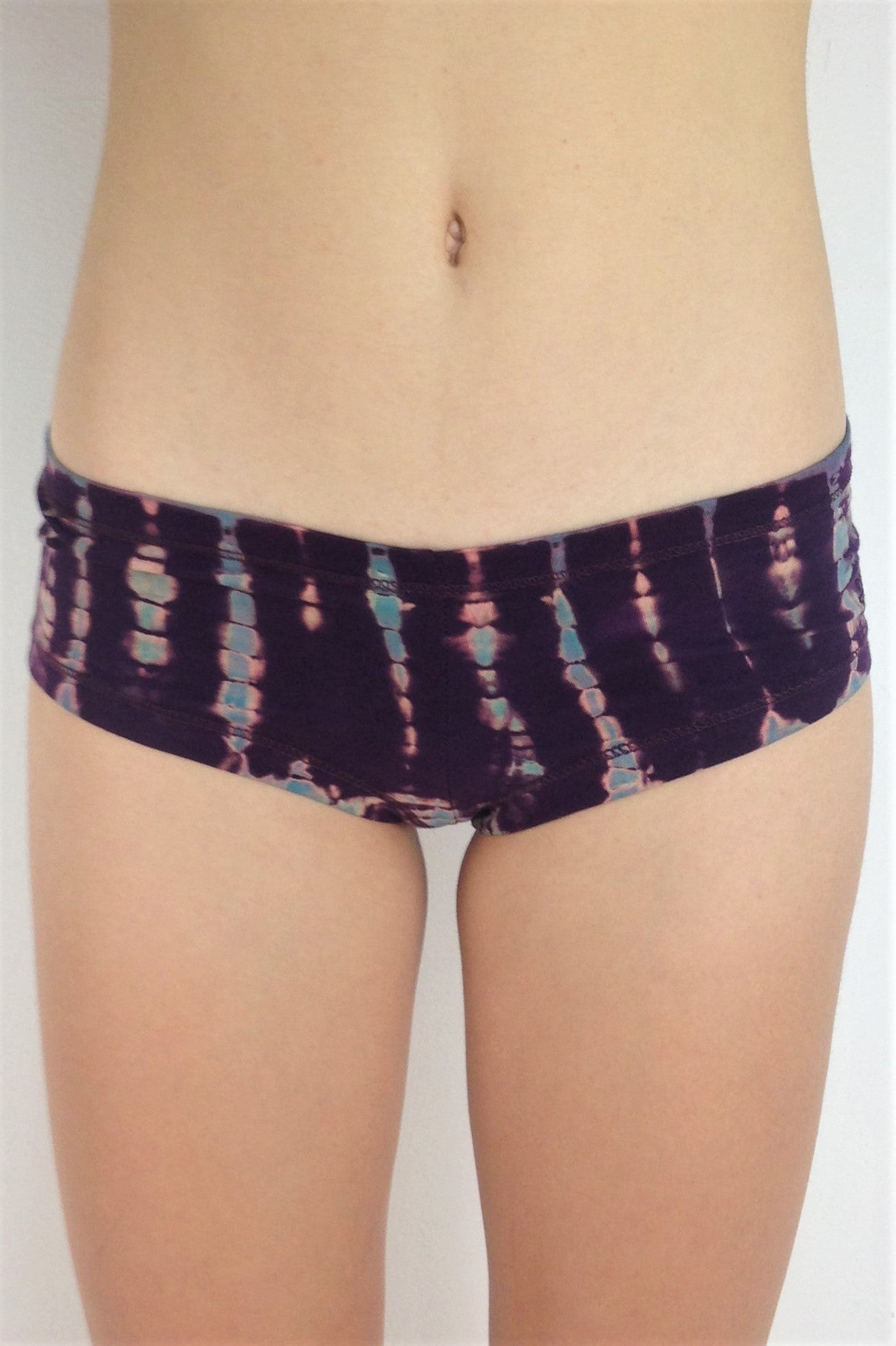 Front view of Amethyst Tie Dye Cheeky Undies. Purple tie dye with blue highlights. Super soft 90% cotton 10% spandex