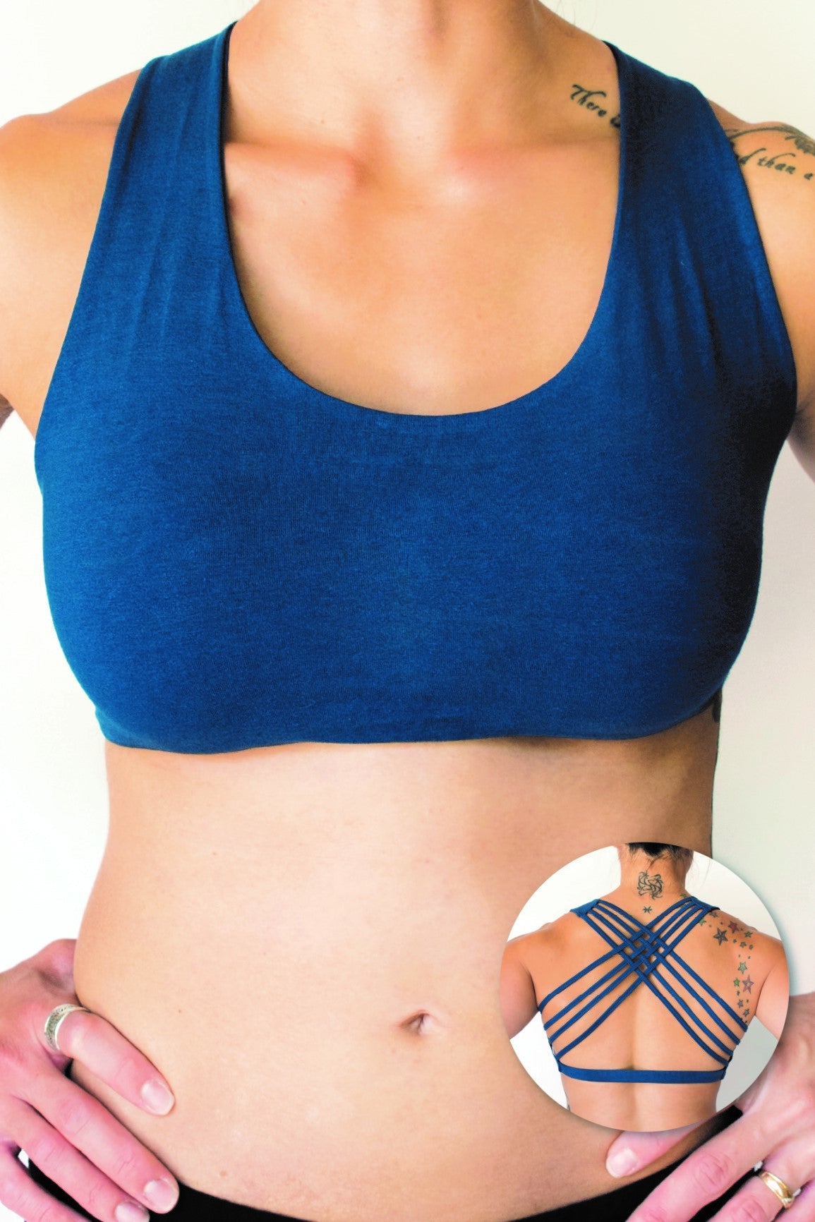 Lotus Tribe's Cobalt Blue Baru Sports Bra is soft, comfortable and super cute sports bra with enough support for down dog, gym time, cross fit, running, or whatever fitness you enjoy, without the girls falling out.  90% cotton 10% spandex with 4 criss cross straps in back.  Available in small, medium, large and XL. Handmade in Bali with love.