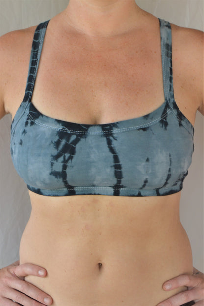 Steele blue with black tie dye sportsbra with three horizontal straps across the back. So comfortable with lighter support. Super soft 90% cotton 10% spandex 