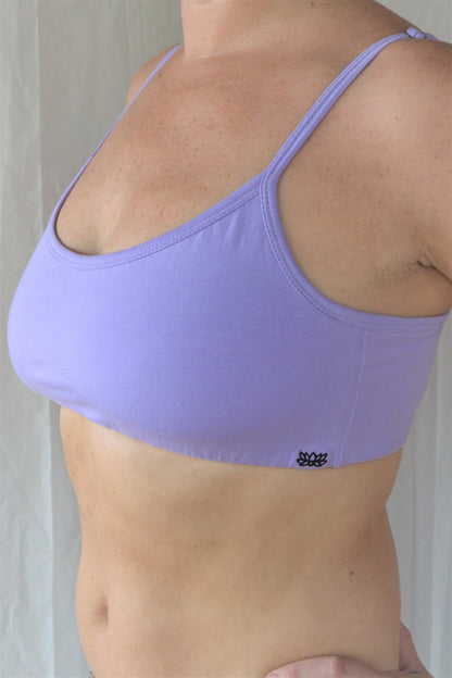 Enjoy a perfect state of zen in our basic, minimalist sportsbra. Solid lavender. Medium support, great for an active lifestyle with adjustable spaghetti straps.