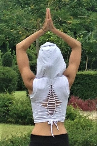 Back view of solid white knit rayon, soft and silky, perfect cover up over a sports bra or paired with skirt and yoga pants. All Ninja Wraps come with oversized hood and see thru detail on back.