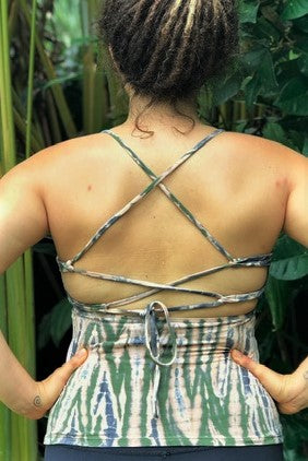 Back view of Jasper tie dye Lace Up Tank shows criss cross straps on naturally breathable cotton tank. With 10% spandex its stretchy too. 