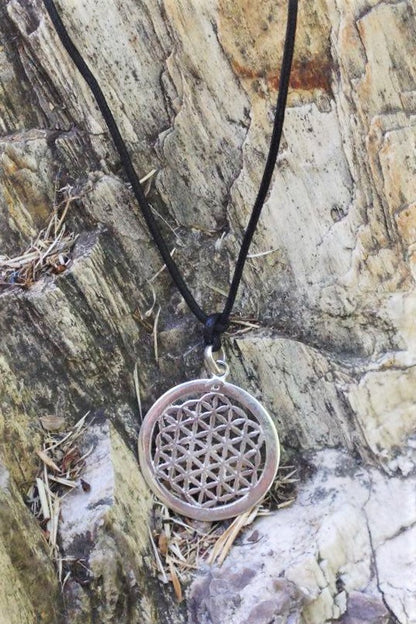 Silver Flower of Life Sacred Geometry pendent 3.5 cm (almost 1.5") in diameter, comes on black waxed cotton cord (vegan friendly).