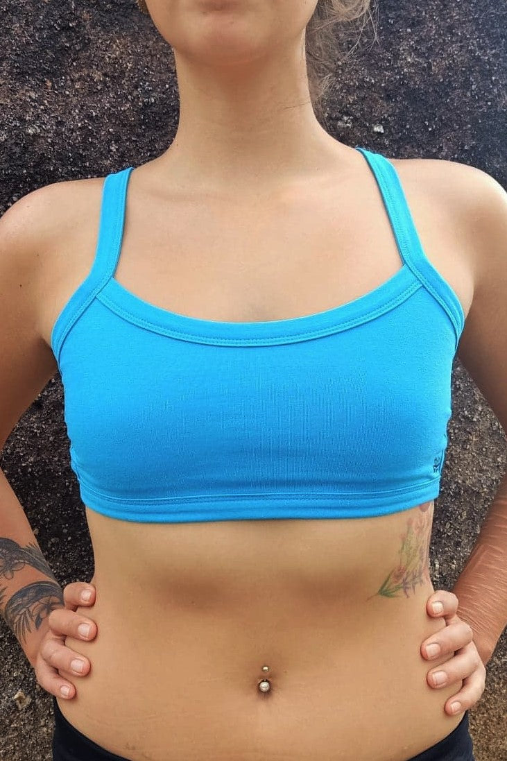 Sky Blue Bra with flat front made of soft stretchy cotton mixed with 10% spandex. Perfect for yoga and everyday activities. 