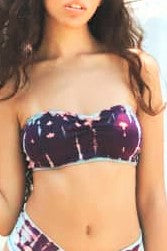 Front view of Amethyst Tie Dye Bandeau with center puckering between the breast. Tie dyed purple with blue steaks made form 90% Organic Cotton with 10% spandex. 